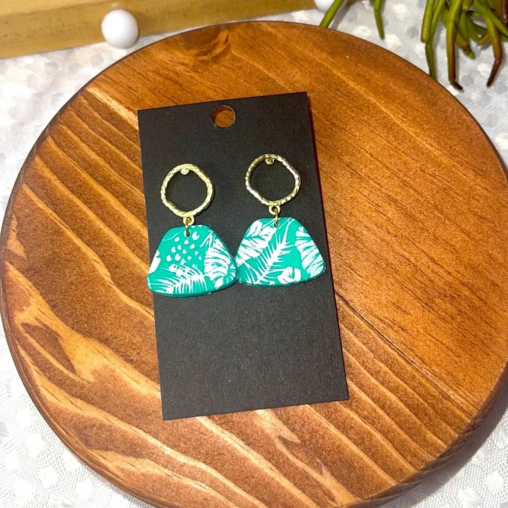 Monstera Earrings Green Polymer Clay Textured Gold Tone Handmade.